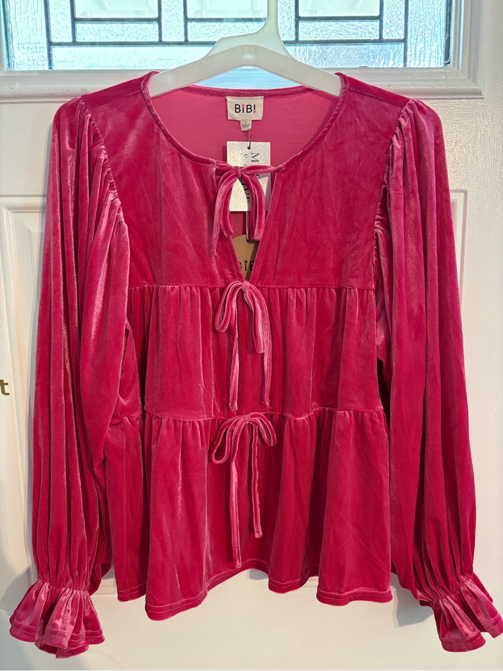 Bibi Hot Pink Velvet Tie-Front Peplum Blouse